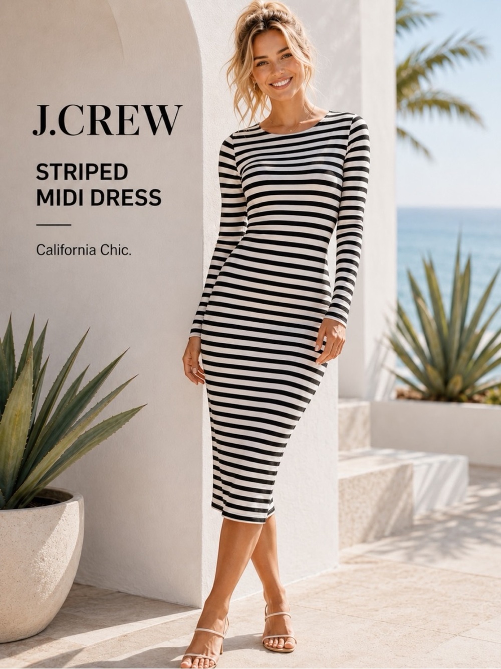 J.Crew Striped Midi Dress Women 2 Black White Long Sleeve Stretch Fitted